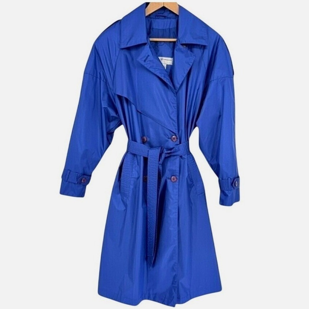 Maggie Lawrence VTG Royal Blue Double Breasted Trench Rain Coat Belted 80s 10